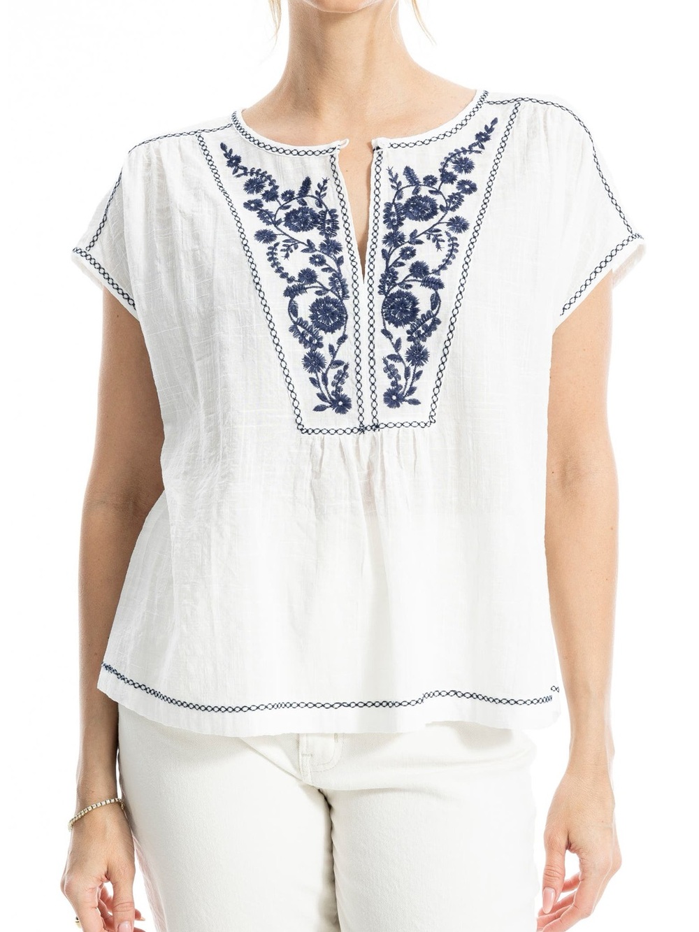Nordstrom Max Studio Embroidered Short Sleeve Cotton Blend Top